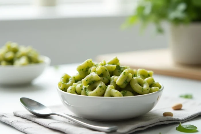 Bol de petites pâtes alphabet recouvertes de pesto d'épinards vert vif avec une cuillère bébé