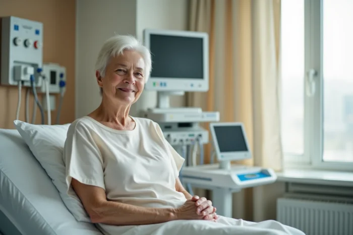 Patiente en convalescence dans une chambre d'hôpital après une chirurgie du pancréas