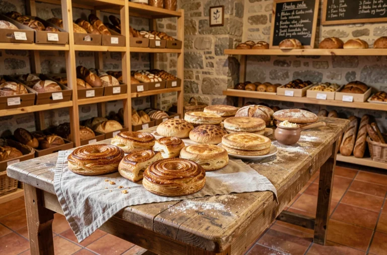 Assortiment de pâtisseries bretonnes traditionnelles sur une table en bois dans une boulangerie rustique, avec kouign-amann, far breton et galettes