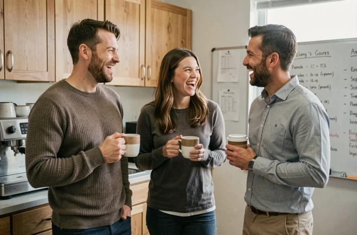 Collègues de bureau riant ensemble dans la salle de pause autour d'un café, moment de détente au travail