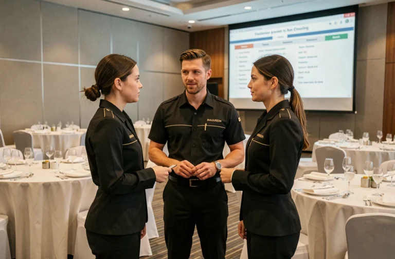 Équipe de personnel extra en uniforme noir lors d'un briefing avant un événement professionnel dans une salle de conférence moderne