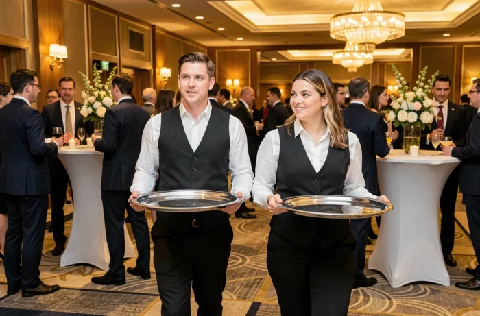 Personnel extra en service lors d'un cocktail d'entreprise dans un grand hôtel, portant des plateaux lors d'une réception professionnelle