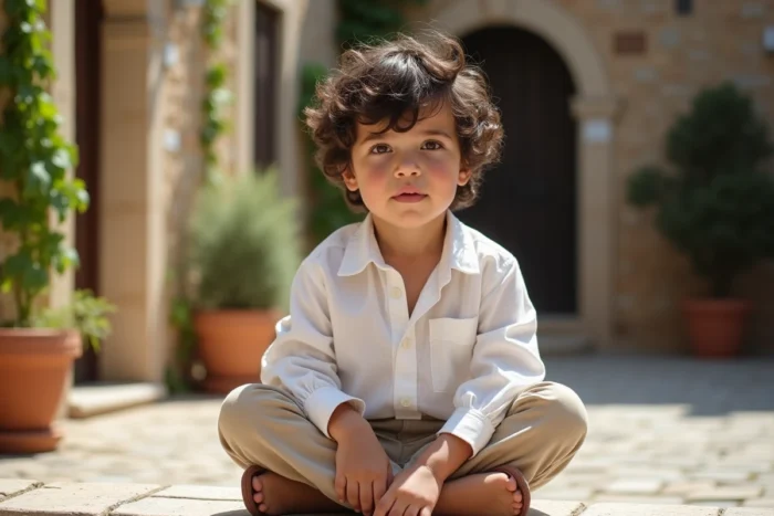 Petit garçon prénommé César assis dans une cour méditerranéenne en pierre avec une expression curieuse et naturelle