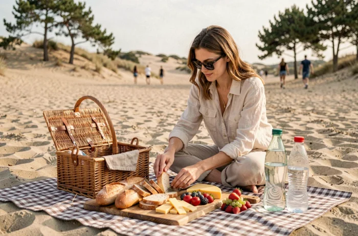 Femme préparant un pique-nique sur les dunes de la Mer de Sable, avec panier en osier et plateau de spécialités françaises
