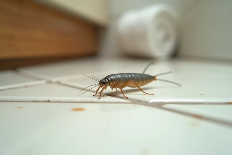Gros plan macro d'un poisson d'argent (lépisme) sur carrelage blanc de salle de bain, insecte nuisible domestique commun