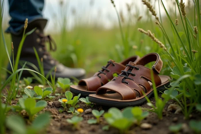 Vue au ras du sol d'une prairie sauvage avec des sandales en cuir usées au premier plan, évoquant l'univers naturel de L'Herbe sous le Pied