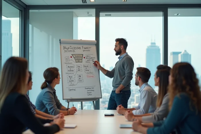 Professionnel présentant une stratégie de marketing digital devant un tableau blanc lors d'une réunion d'équipe en salle de conférence