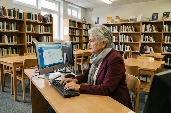 Professeure senior utilisant le webmail académique sur un ordinateur de bureau dans une bibliothèque scolaire