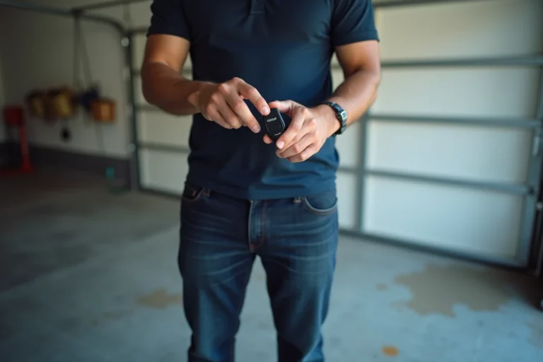 Homme programmant une télécommande Somfy pour porte de garage dans un garage résidentiel