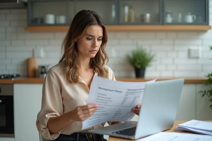 Propriétaire locatrice analysant les frais de gestion locative sur un ordinateur portable à son domicile