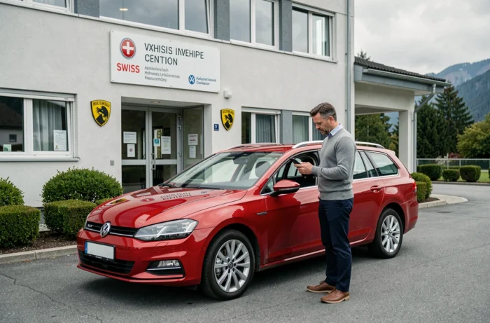 Propriétaire de véhicule devant un centre de contrôle technique agréé en Suisse avec sa voiture familiale