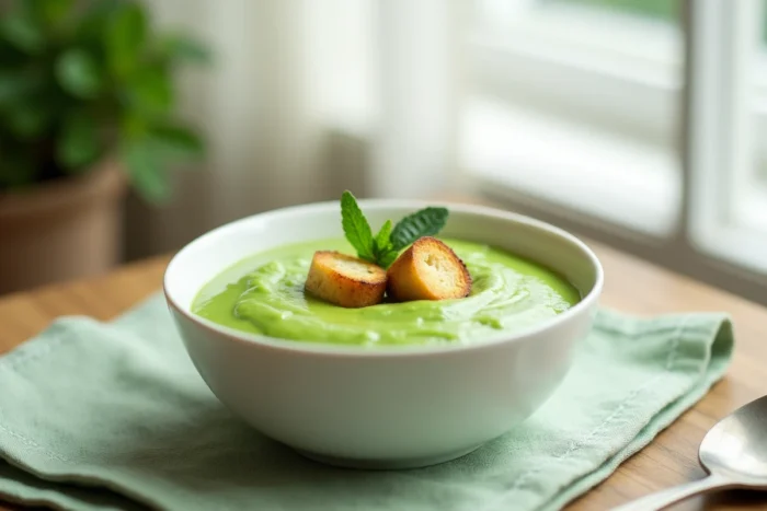 Purée de petits pois à la menthe avec croutons fondants dans un bol blanc pour bébé