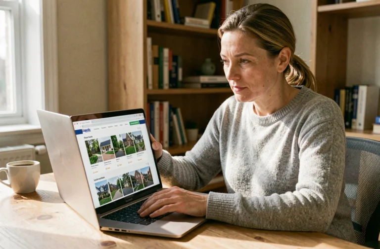 Femme recherchant d'anciennes annonces immobilières sur un ordinateur portable depuis un bureau à domicile