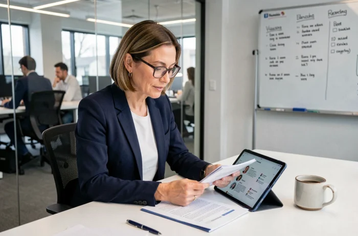 Recruteuse professionnelle sélectionnant des candidats extras fiables pour des événements professionnels dans un bureau d'agence moderne