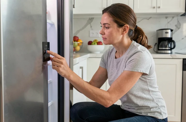 Femme appuyant sur le bouton de réinitialisation du panneau de commande intérieur d'un réfrigérateur Haier en inox dans une cuisine moderne