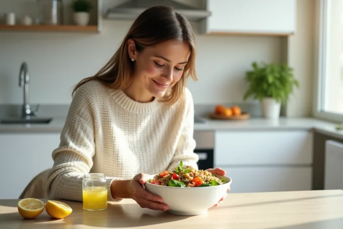 Femme mangeant une salade nutritive riche en antioxydants pour faire baisser les transaminases naturellement
