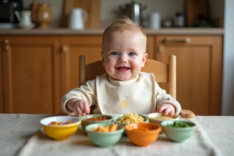 Bébé d'un an assis dans sa chaise haute devant plusieurs petits bols colorés de repas du soir variés