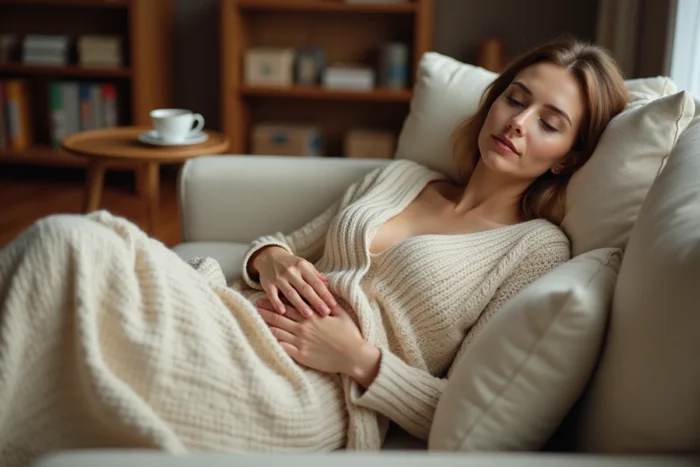 Femme se reposant chez elle après une fausse couche, allongée sur un canapé avec une expression sereine et introspective