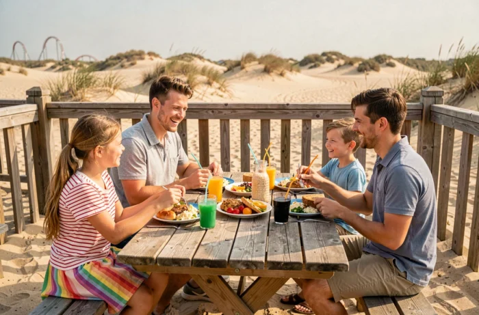 Famille attablée en terrasse d'un restaurant à la Mer de Sable, partageant un repas convivial par une journée d'été