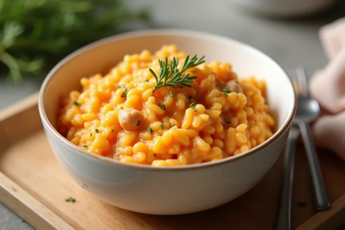 Bol de risotto de carotte au poulet haché pour bébé avec des feuilles de thym frais