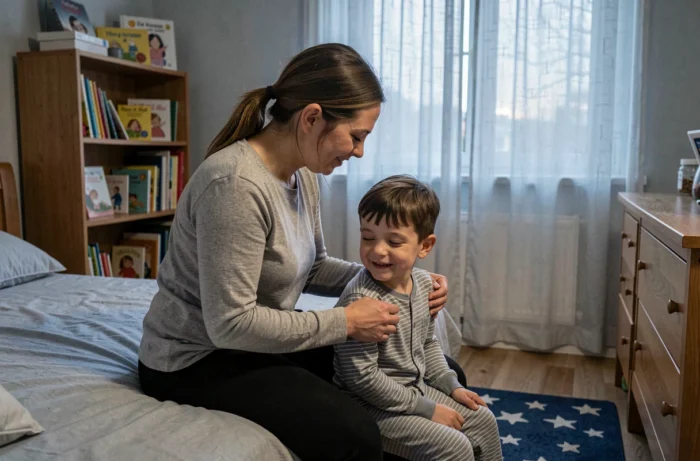 Mère bordant son enfant dans son lit le soir, représentant les rituels du coucher favorisant un sommeil réparateur chez les enfants