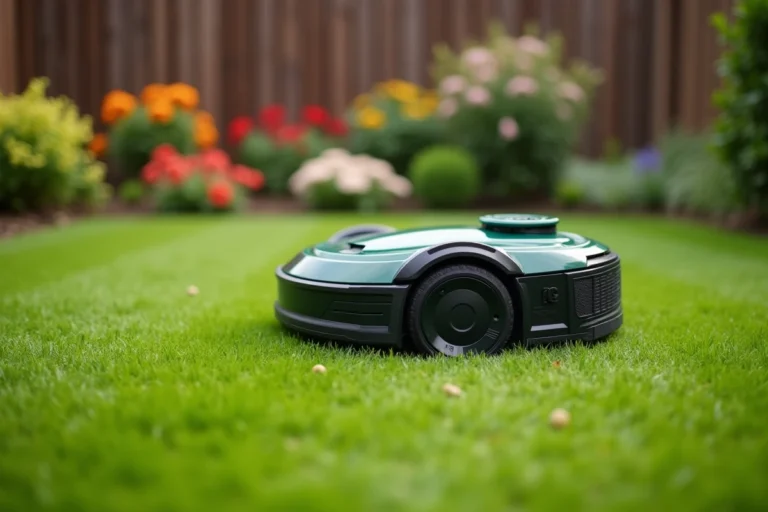 Robot tondeuse Parkside posé sur une pelouse verte soignée dans un jardin résidentiel