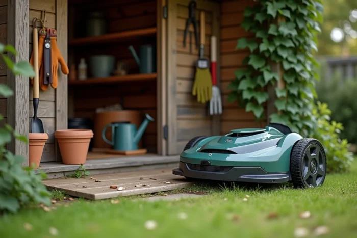 Robot tondeuse Parkside en charge avec étiquette de réduction dans un abri de jardin