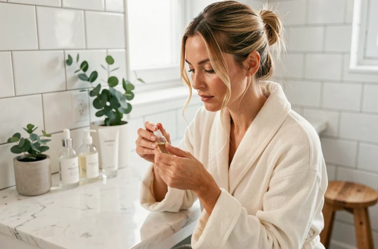 Femme appliquant un sérum sur sa peau dans une salle de bain minimaliste aux tons naturels, routine beauté bien-être quotidienne