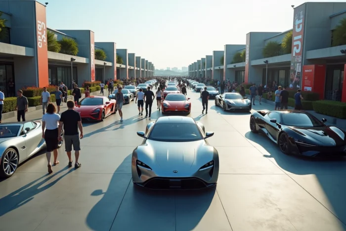 Salon automobile en plein air 2024 avec concept cars et foule de visiteurs, dernières tendances et nouveautés automobiles