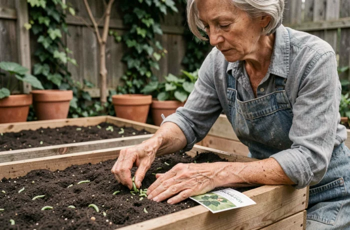 Femme qui sème des haricots verts dans un potager en bois au printemps selon le calendrier lunaire