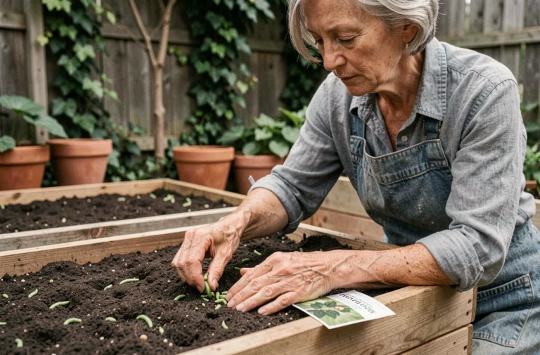 Femme qui sème des haricots verts dans un potager en bois au printemps selon le calendrier lunaire