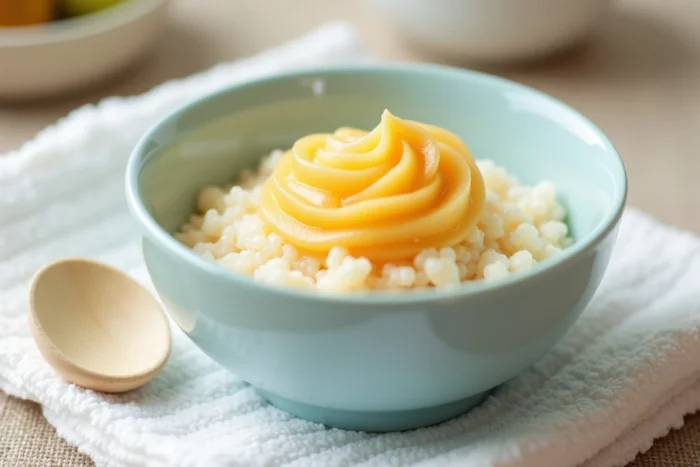Bol de semoule au lait surmontée de compote de poire dans un bol bleu pastel pour bébé