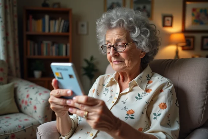 Femme âgée lisant l'emballage d'une carte SIM pour configurer son téléphone Doro