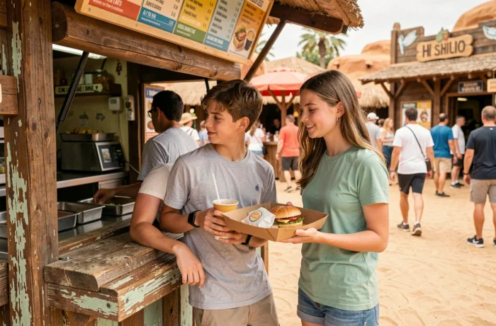 Deux adolescents commandant un snack à la buvette de la Mer de Sable, consultant le menu affiché au-dessus du comptoir en bois