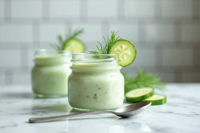 Soupe froide de concombre et yaourt dans un petit bocal en verre avec une cuillère bébé