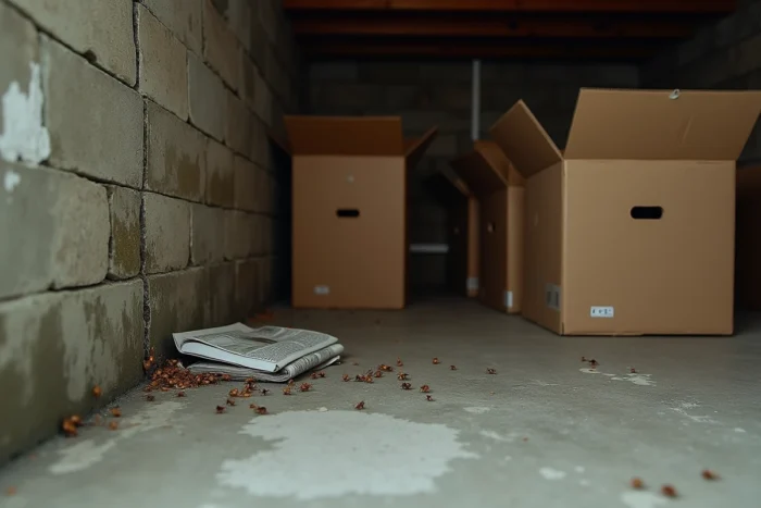 Coin de sous-sol humide avec vieux cartons et insectes nuisibles visibles près des plinthes, environnement propice aux infestations
