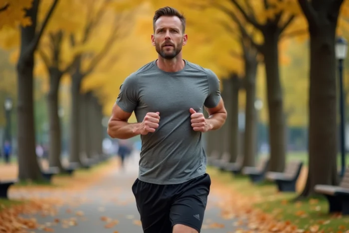 Homme faisant du jogging dans un parc en automne pour améliorer la santé du foie et réduire les transaminases