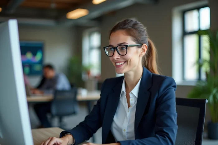 Professionnelle analysant des tableaux de bord de stratégie marketing digital sur un écran d'ordinateur dans un bureau moderne