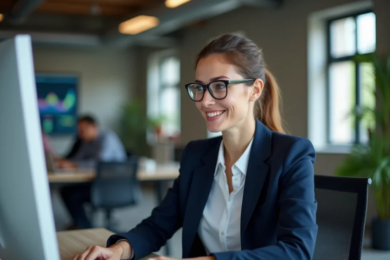 Professionnelle analysant des tableaux de bord de stratégie marketing digital sur un écran d'ordinateur dans un bureau moderne