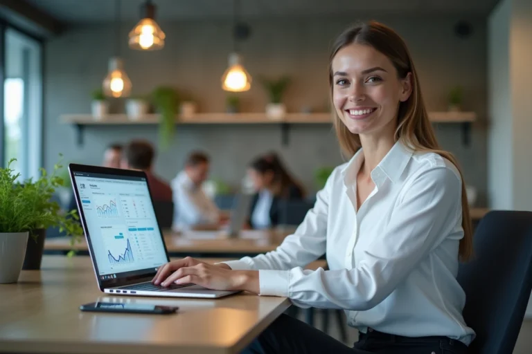 Femme professionnelle travaillant sur une stratégie de présence en ligne avec des tableaux de bord analytiques sur son ordinateur portable dans un bureau moderne
