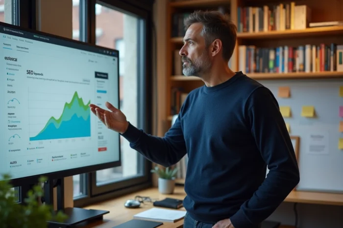 Homme professionnel présentant des données de stratégie web et de référencement SEO sur un grand moniteur dans un bureau à domicile organisé