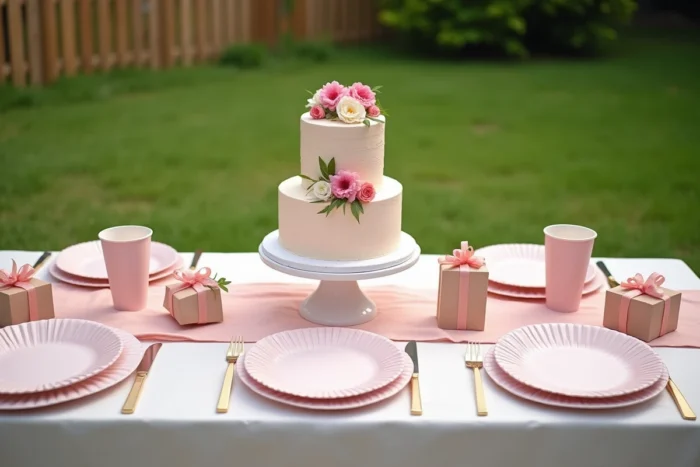 Table d'anniversaire pour enfant décorée avec gâteau, assiettes pastel et boîtes cadeaux dans un jardin