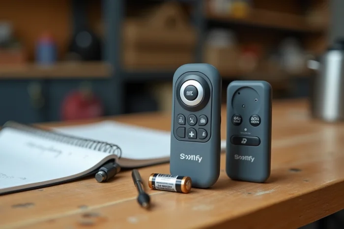 Gros plan de deux télécommandes Somfy posées sur un établi de garage avec batteries et tournevis pour programmation