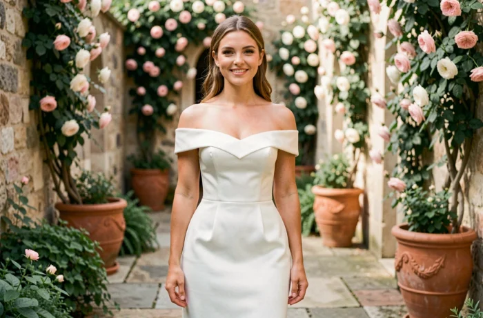 Mariée en robe de mariée minimaliste en satin dans un jardin botanique romantique, tendance mariage moderne