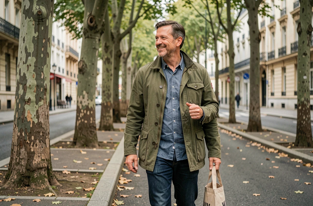 Homme en veste kaki se promenant sur un boulevard arboré français, évoquant la vie personnelle et l'ancrage territorial d'un homme engagé