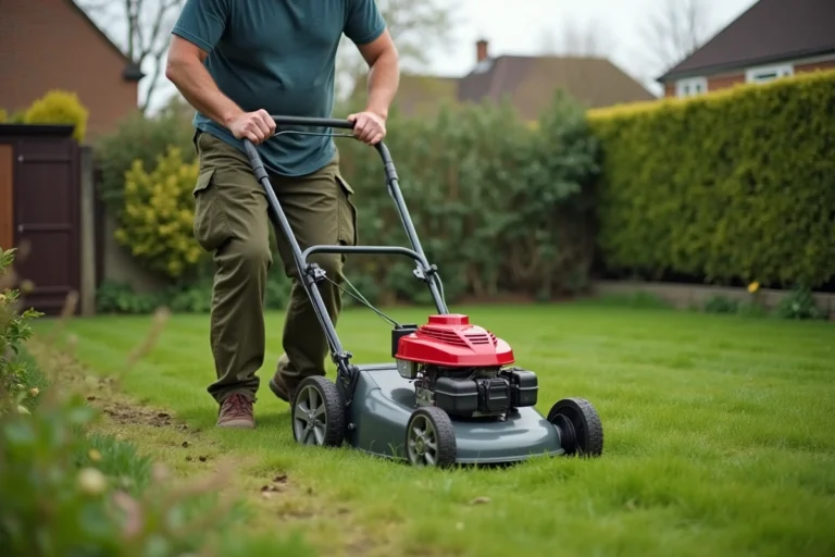 Homme utilisant une tondeuse thermique puissante sur un grand jardin avec herbe haute et terrain irrégulier