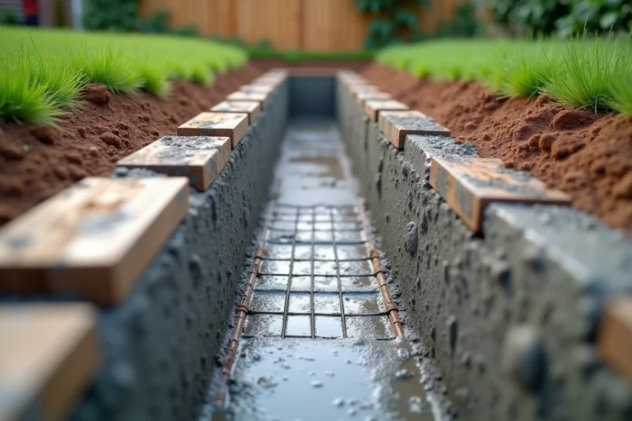 Tranchée de fondation en béton armé avec ferraillage pour terrasse extérieure