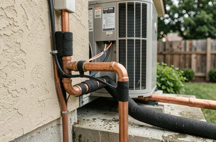 Connexion des tuyaux en cuivre sur l'unité extérieure d'une climatisation résidentielle