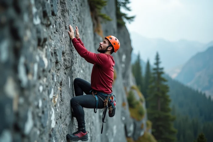 Homme pratiquant la varappe en falaise naturelle sur paroi granitique, technique de grimpe en fissure en plein air
