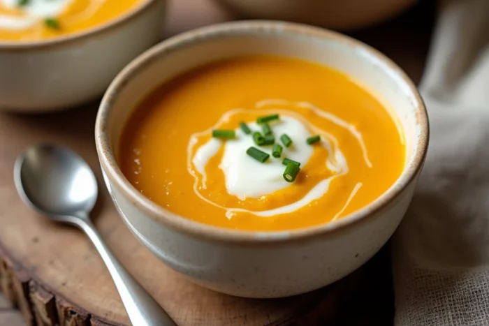 Bol de velouté de butternut au fromage frais pour bébé avec une cuillère en bois sur une surface rustique
